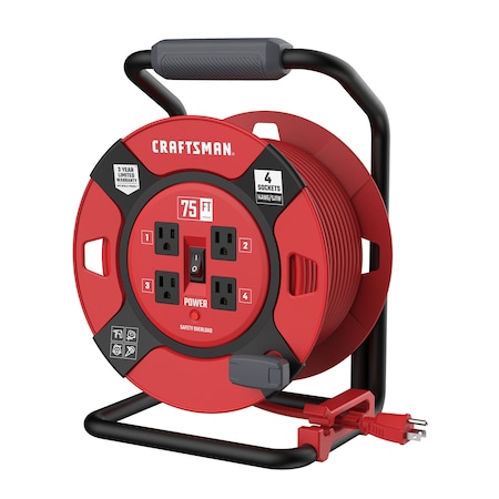 Craftsman Cord Reel With Hand Lamp, Hand Operated, 14 AWG, Red Reel Color, 4 Outlets CMXCRPA1475